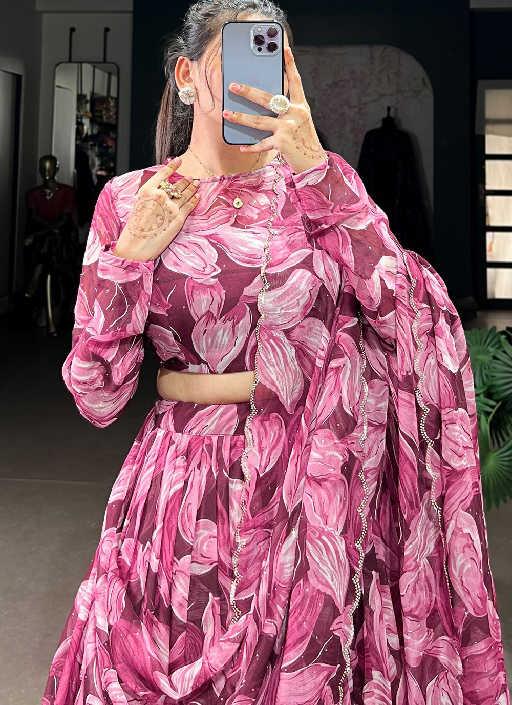 Foliage Prints Silk Magenta, Wine Lehenga - L3390