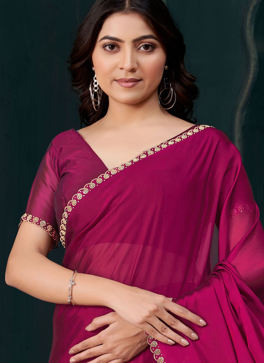Swarovski Crepe Silk Magenta Contemporary Saree S14888