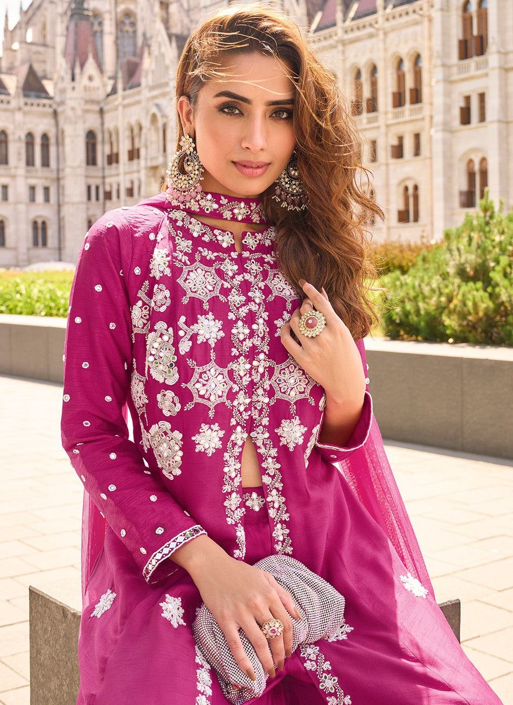 Palazzo Suit Embroidered Magenta T8057