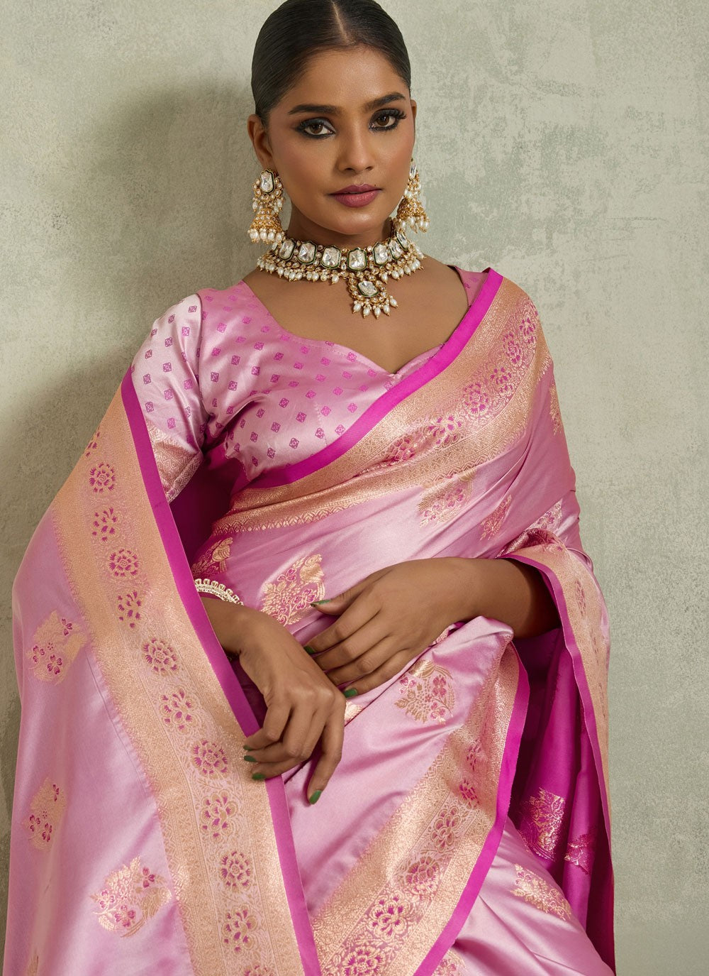 Magenta Satin Silk Designer Saree Banarasi Jari, Border Work, Meenakari, Woven S19056