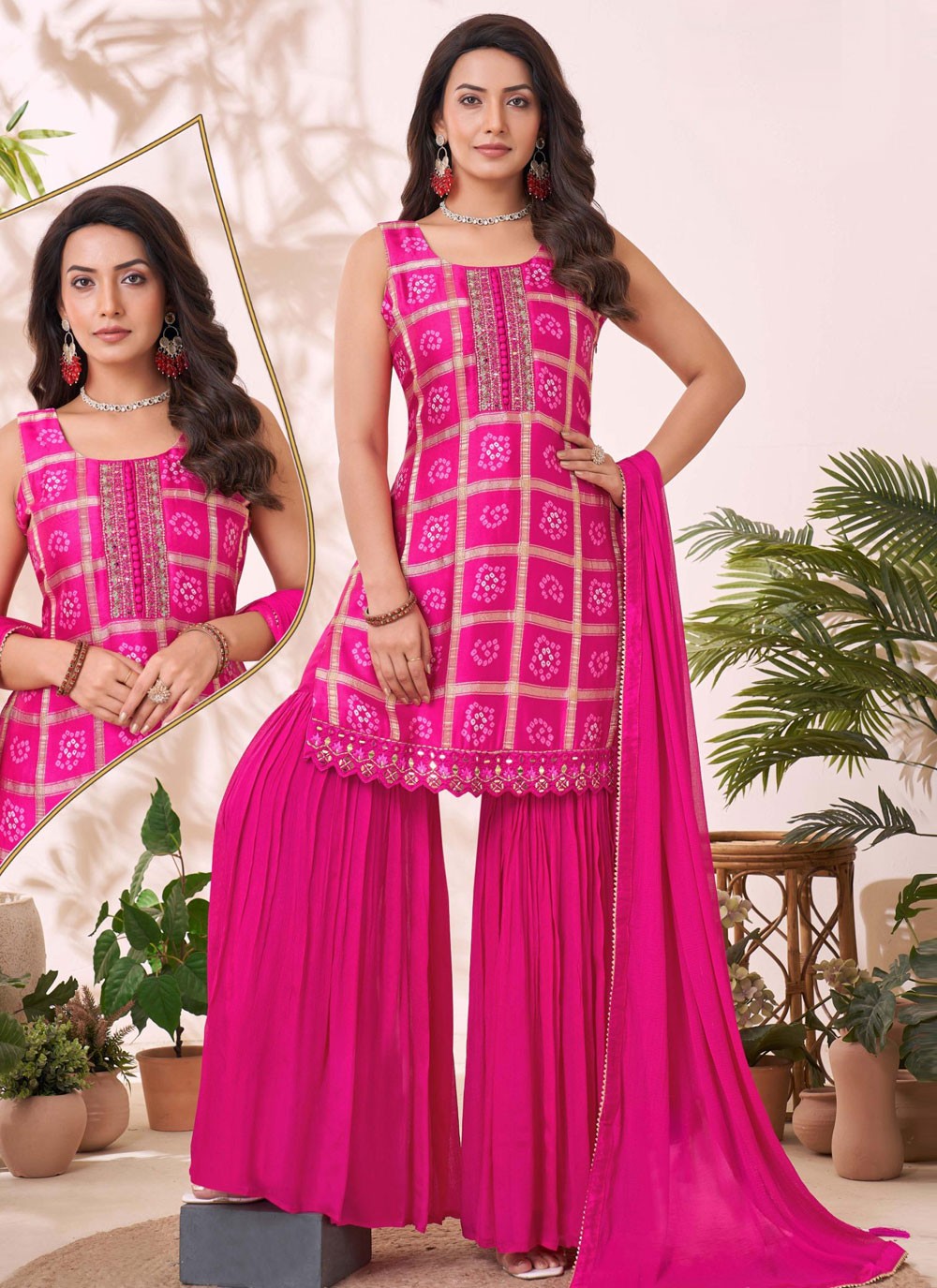 Palazzo Suit Embroidered, Printed, Thread Magenta T7783