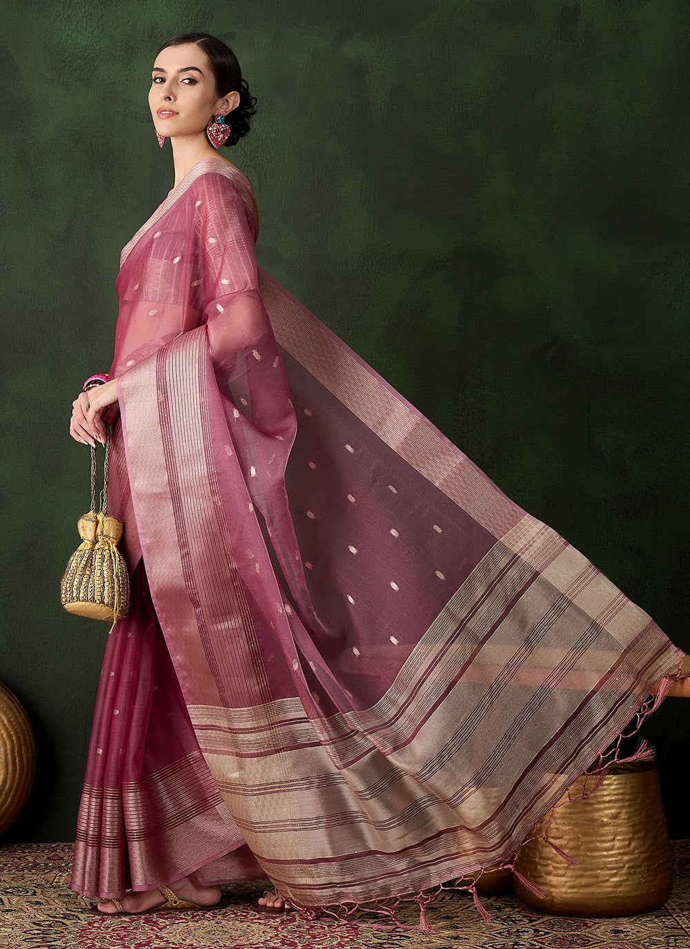 Trendy Woven Khadi, Organza Pink Saree - S10836