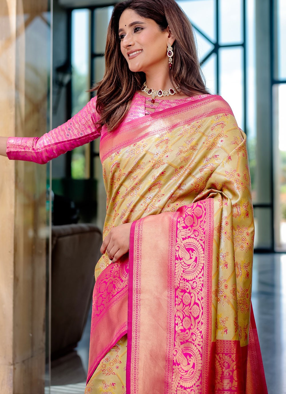 Traditional Woven Yellow Malbari Silk Saree S12345
