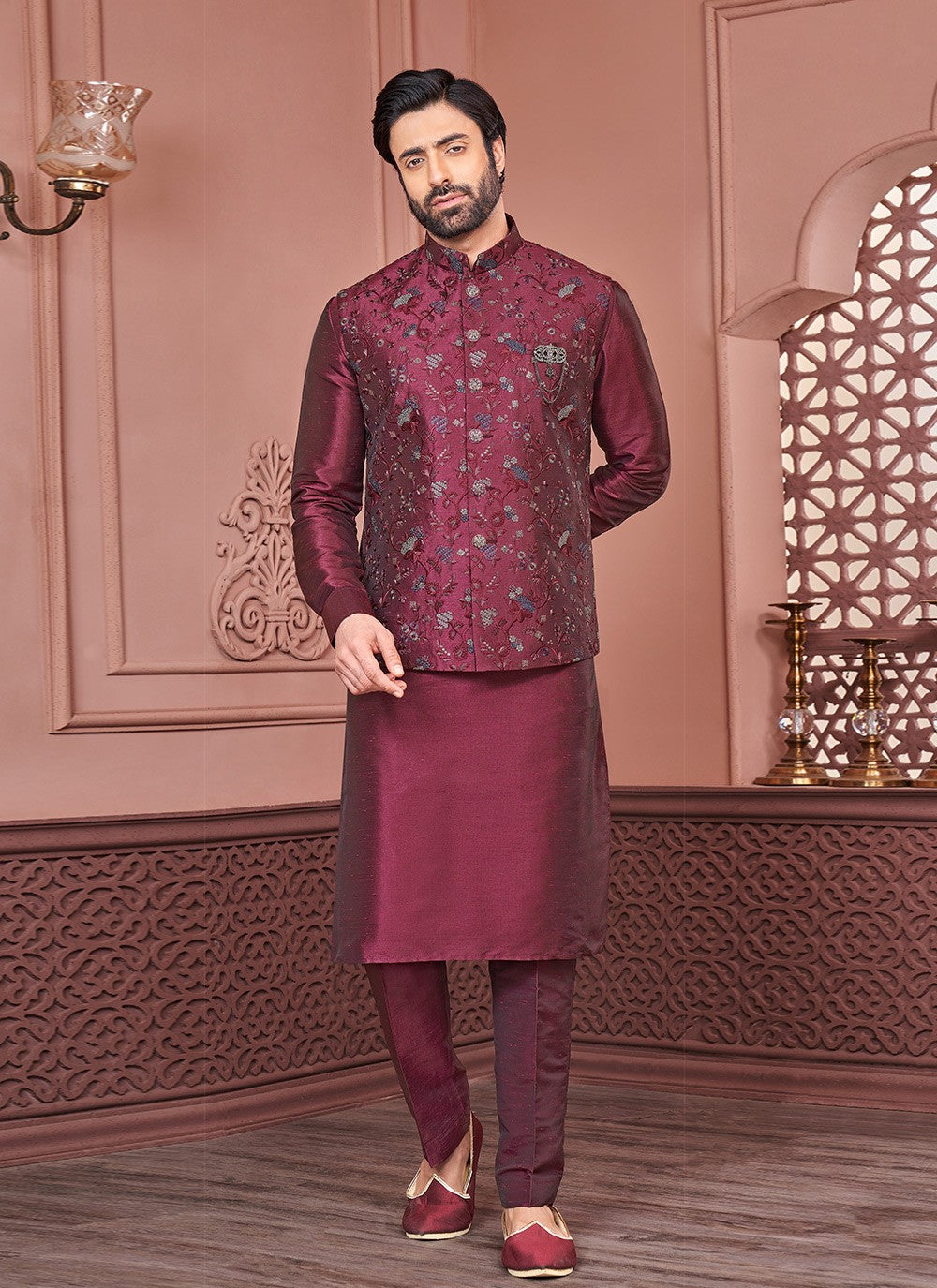 Embroidered Banarasi Silk Maroon, Multi Colour Kurta Payjama With Jacket - M6324