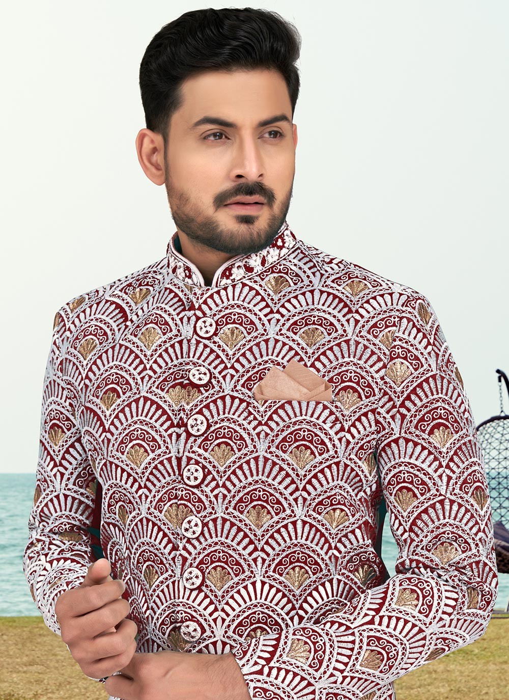 Hand Embroidery Banarasi Silk Maroon, Off White Sherwani - M6803