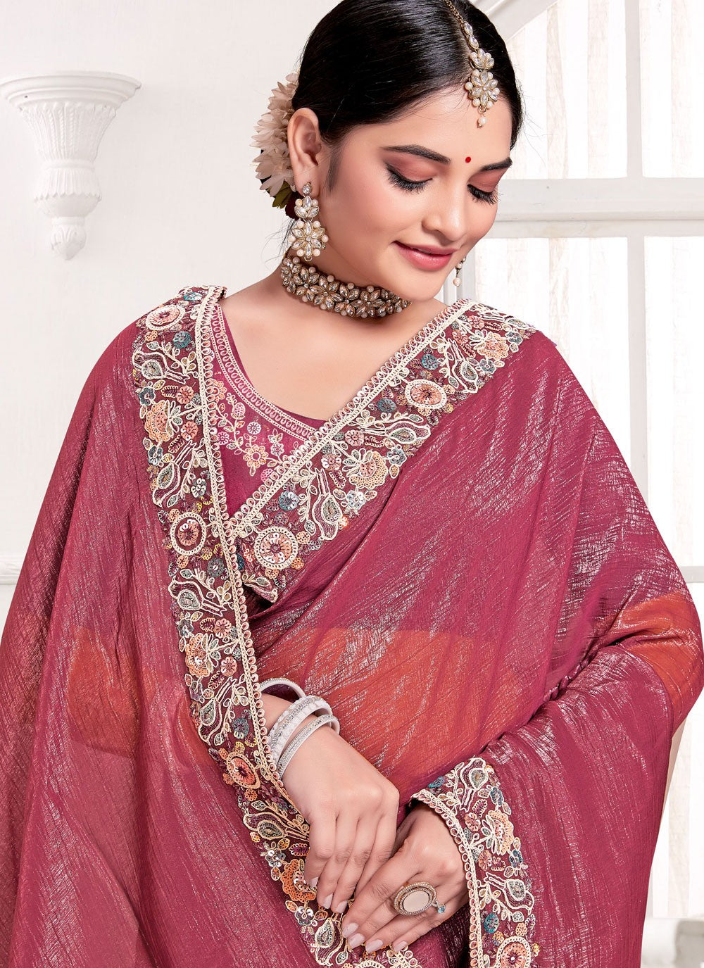 Contemporary Cord Hot Pink, Maroon Silk Saree S13093