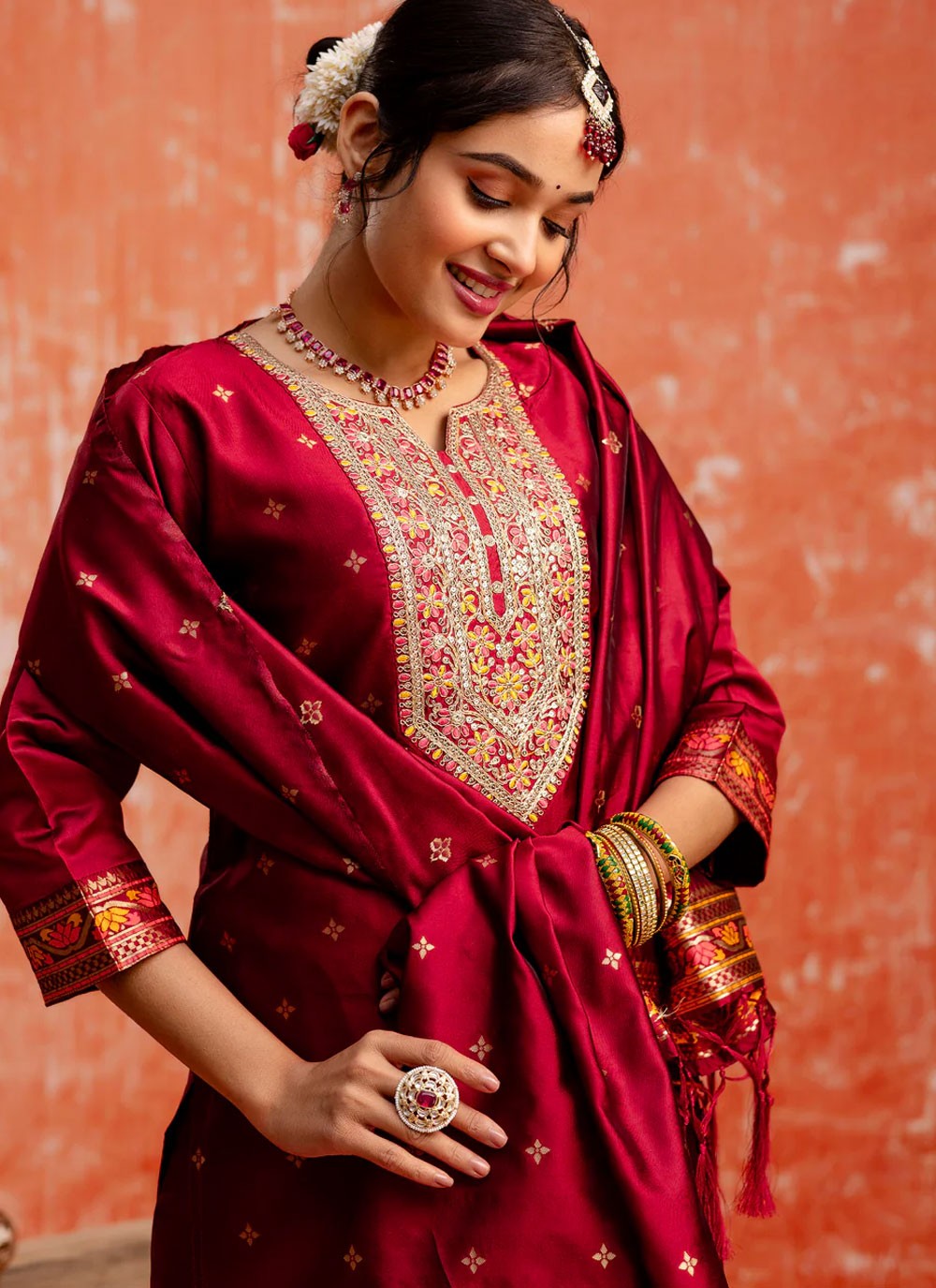Embroidered Cotton Silk Hot Pink Salwar Suit T6152