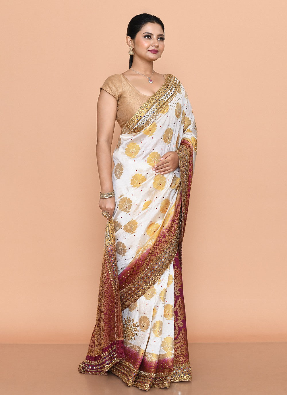 Trendy Saree Hand Embroidery Maroon, White Kanjivaram Silk Saree S13149