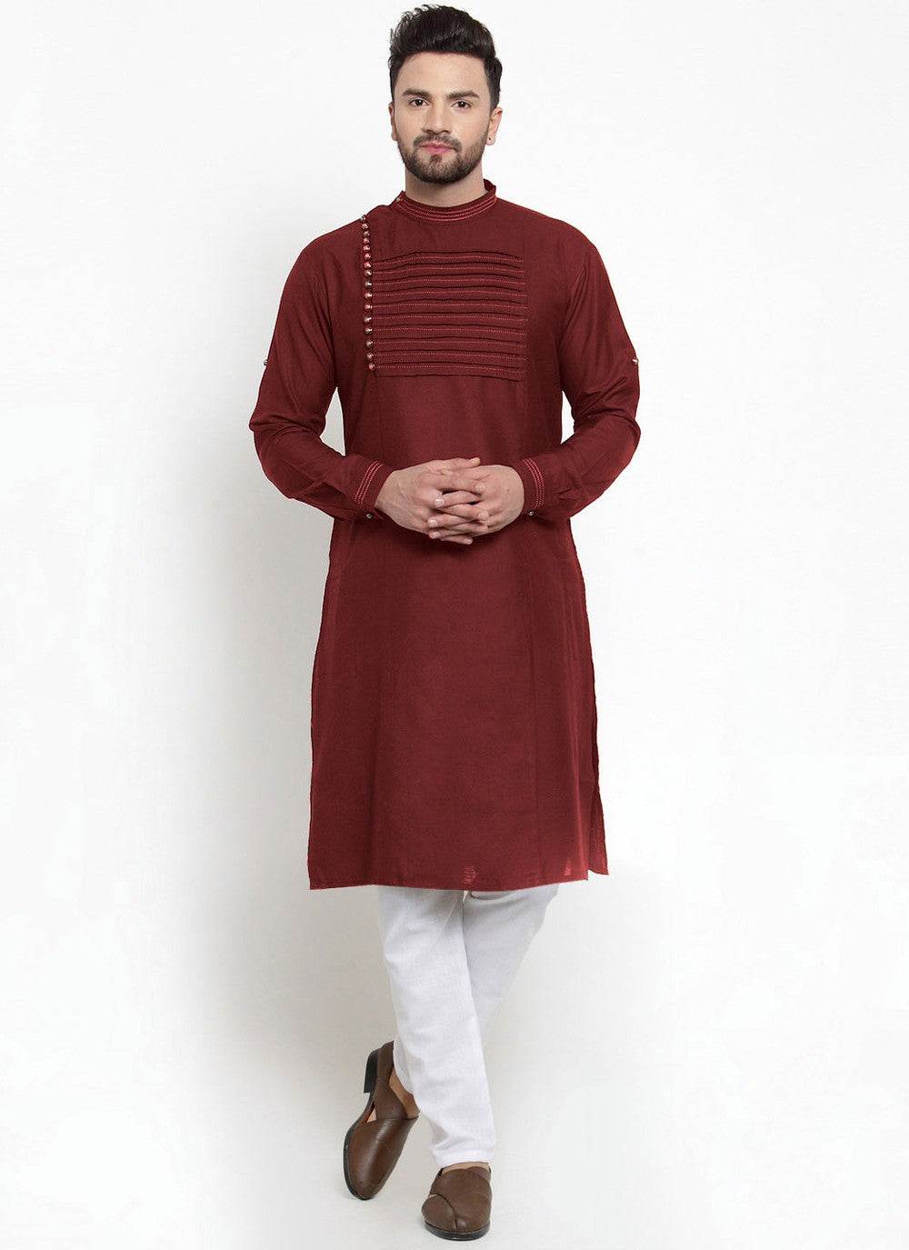 Fancy Work Blended Cotton Maroon Kurta - M4540