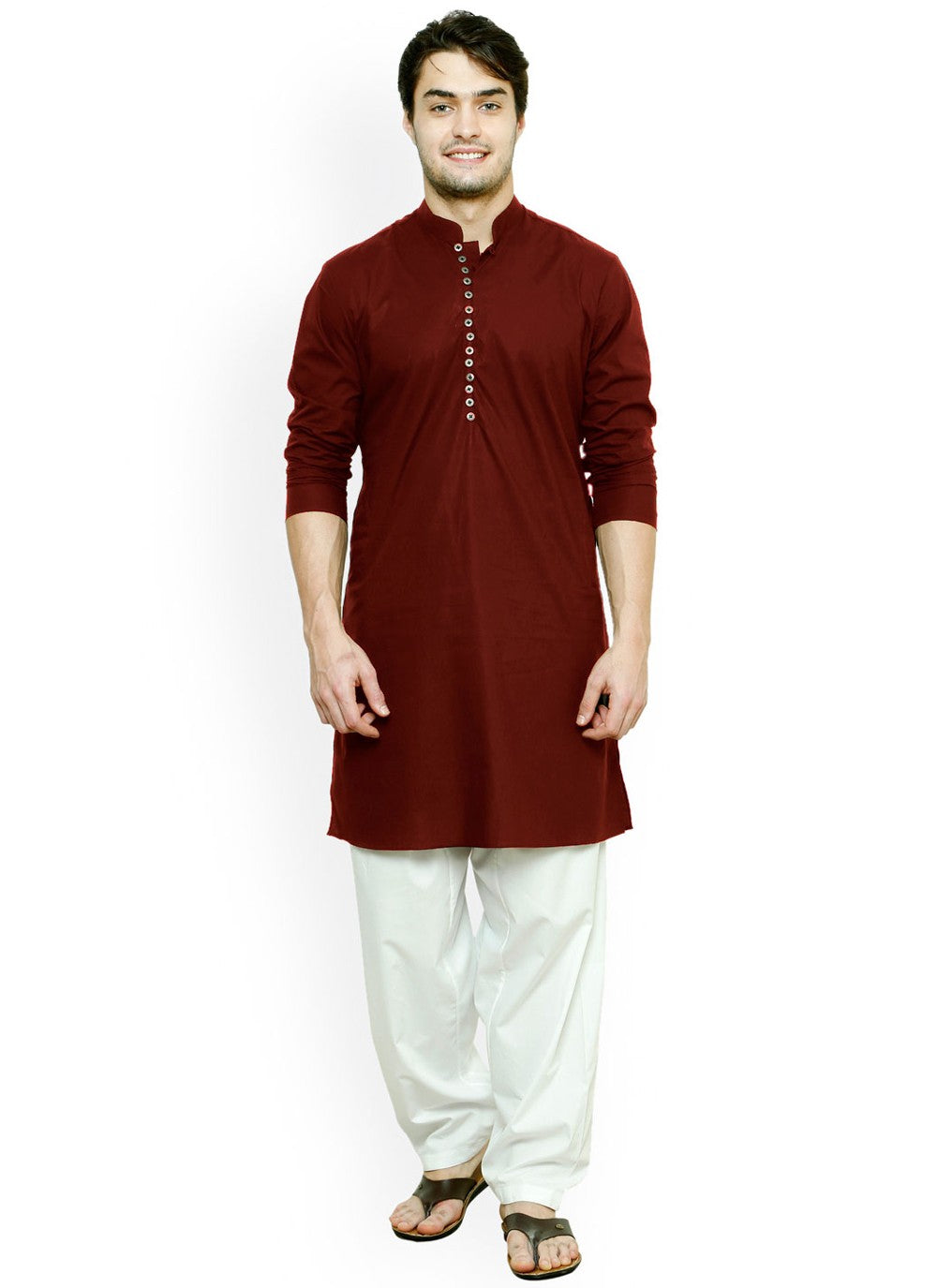 Buttons Blended Cotton Maroon Kurta - M4542