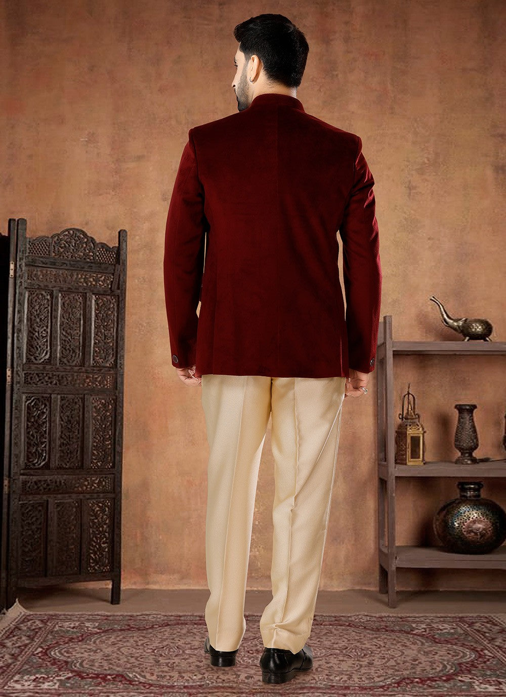 Buttons Velvet Maroon Jodhpuri Suit - M7061