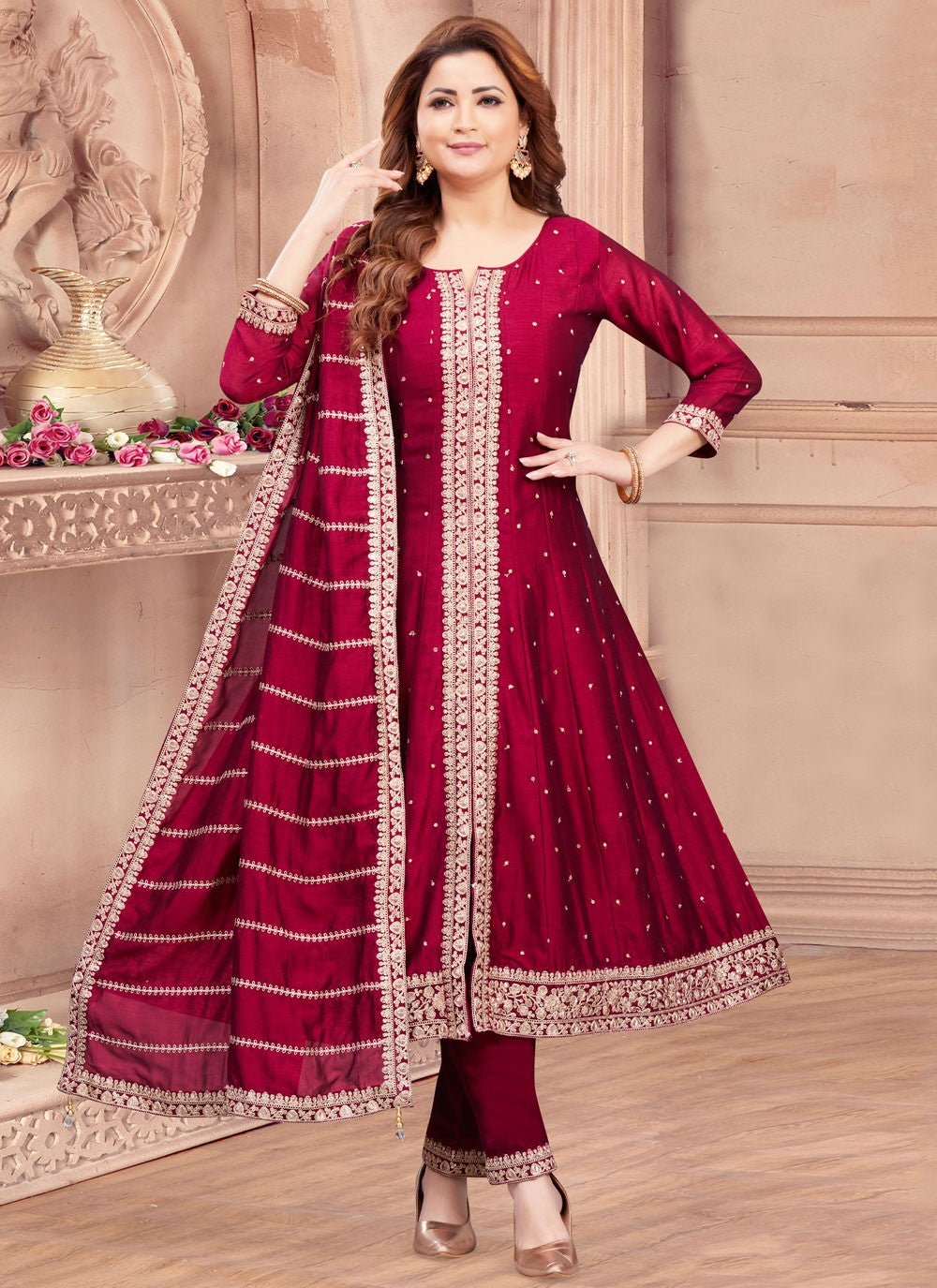 Salwar Suit Weaving Zari Maroon Silk T5245
