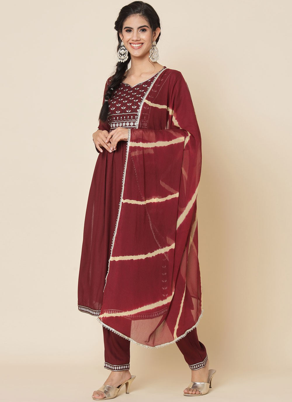 Pant Style Suit Embroidered Maroon T6701