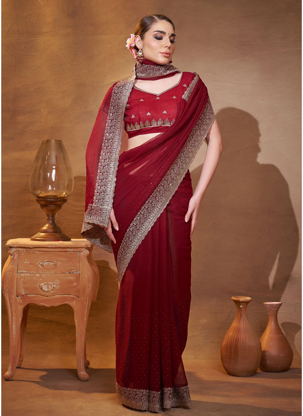Embroidered Chiffon Maroon Saree S14451