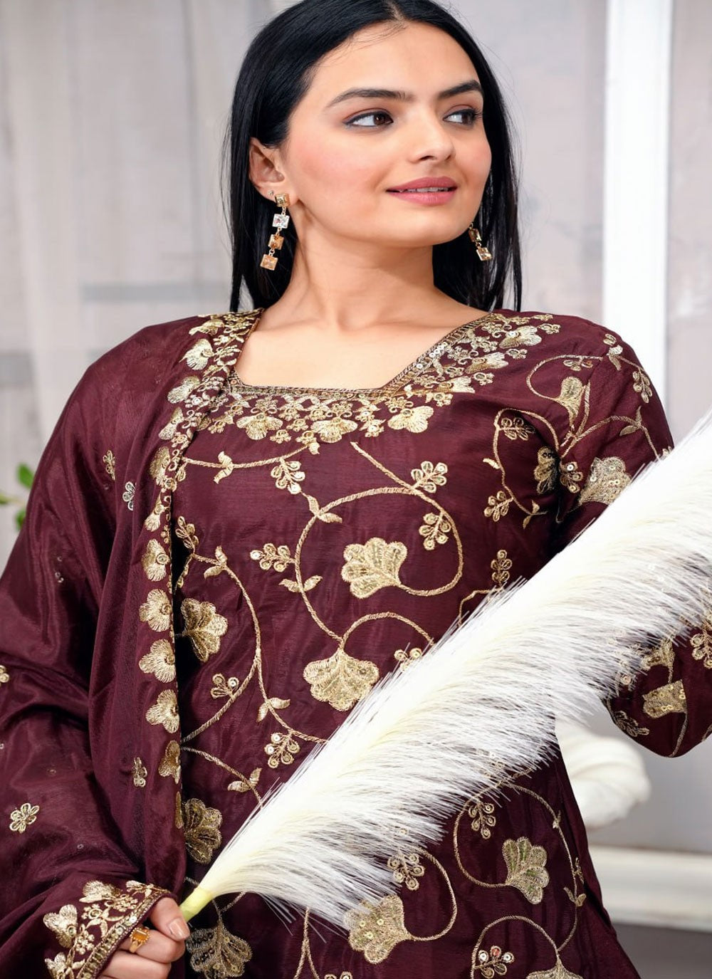 Sharara Suit Embroidered, Sequins, Zari Maroon T7062