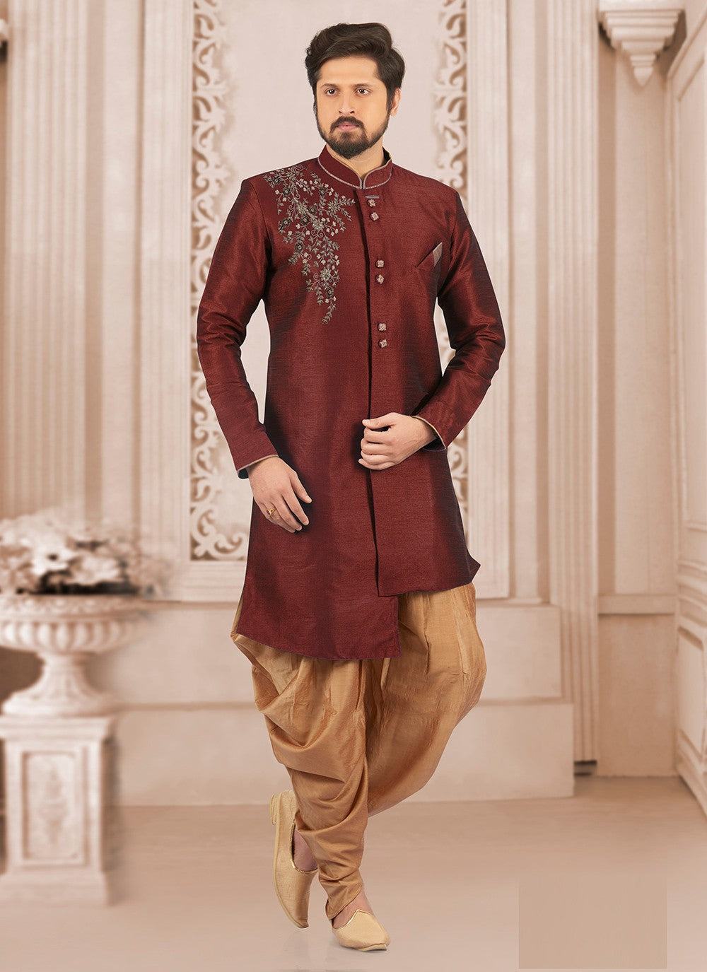 Embroidered Dupion Silk Maroon Indo Western - M6390