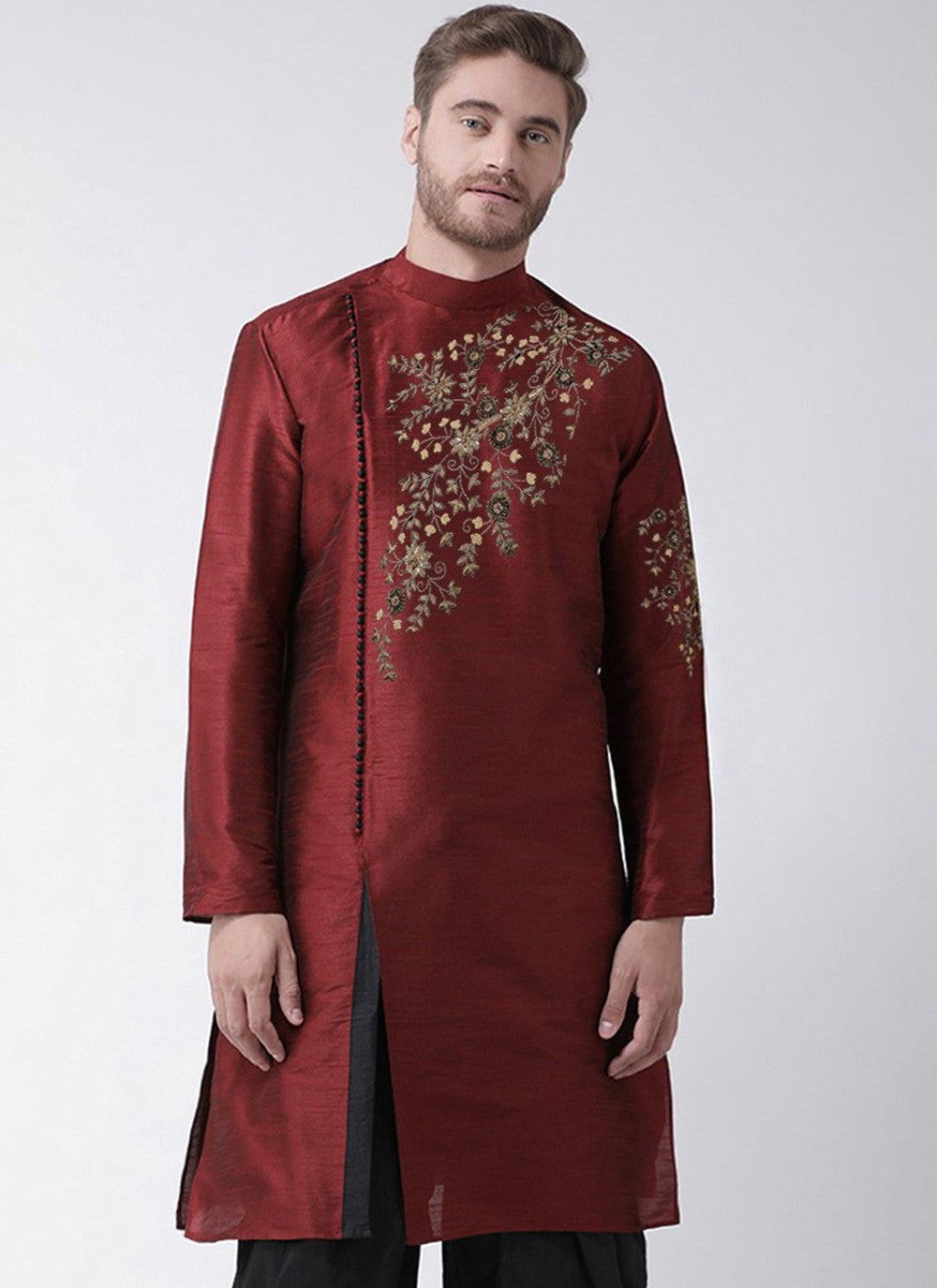 Embroidered Dupion Silk Maroon Angrakha - M3188