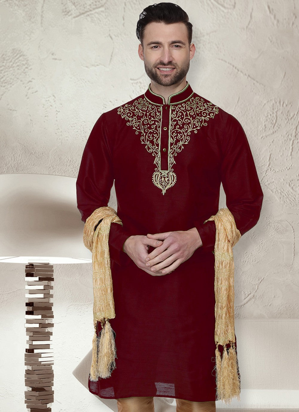 Embroidered Art Dupion Silk Maroon Kurta - M1473