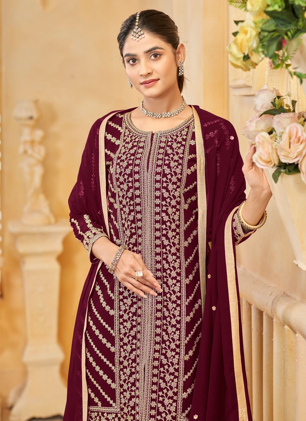 Embroidered Faux Georgette Maroon Palazzo Suit T6015