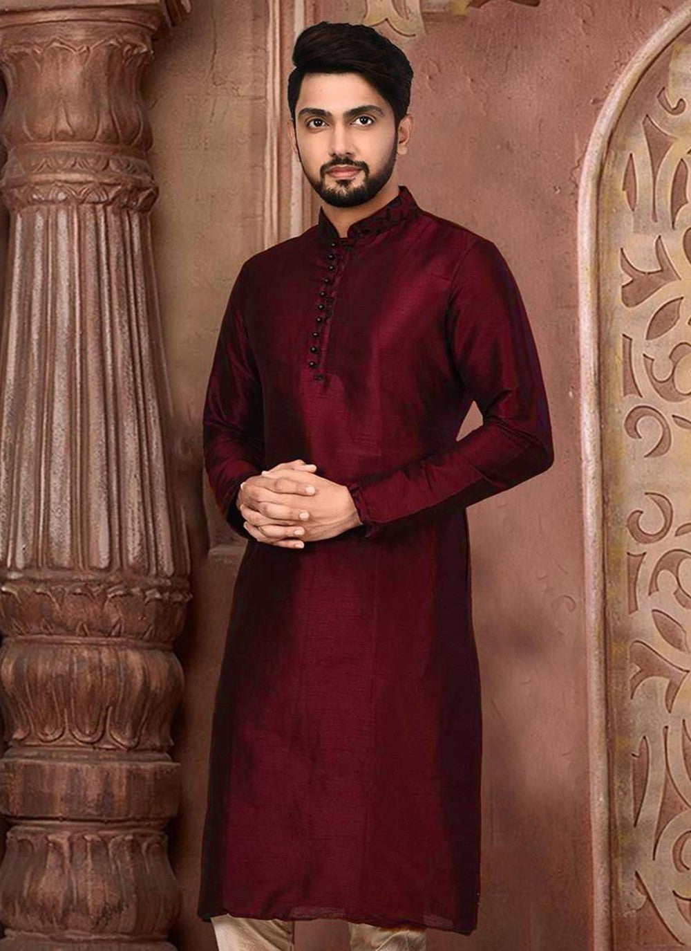 Embroidered Dupion Silk Maroon Kurta - M2301