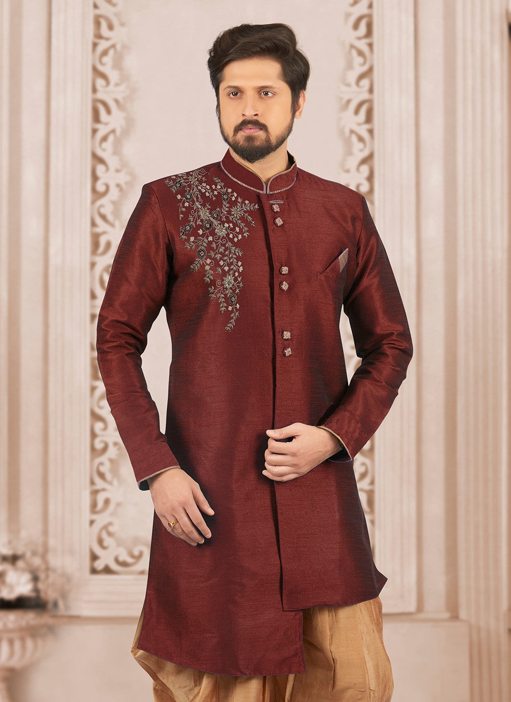 Embroidered Dupion Silk Maroon Kurta - M6297