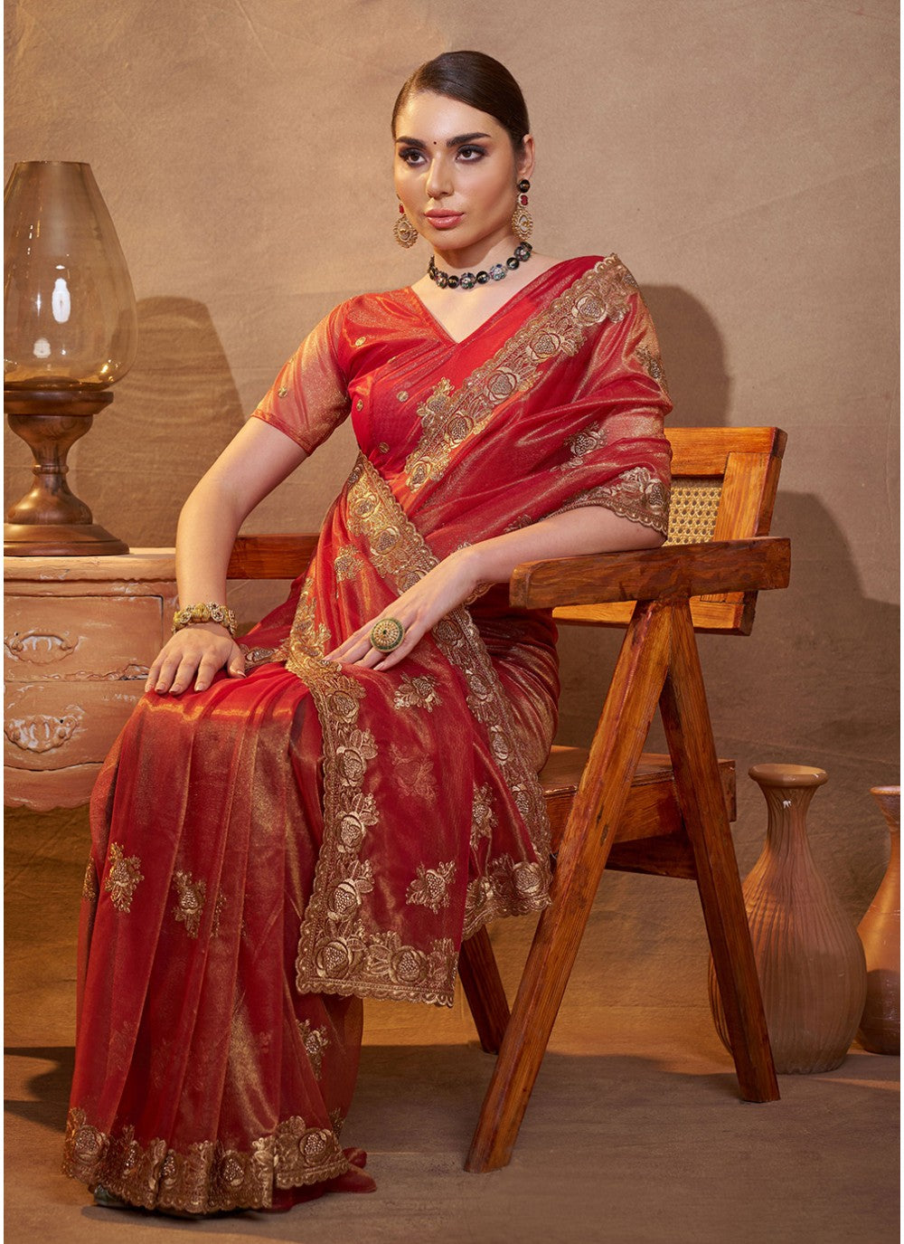 Embroidered Organza Maroon Saree S14452