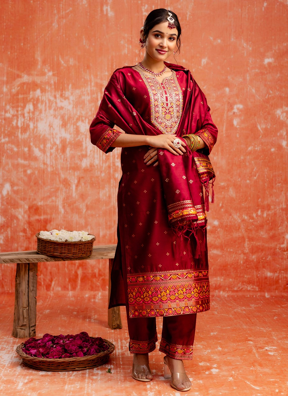 Salwar Suit Embroidered Maroon T7353