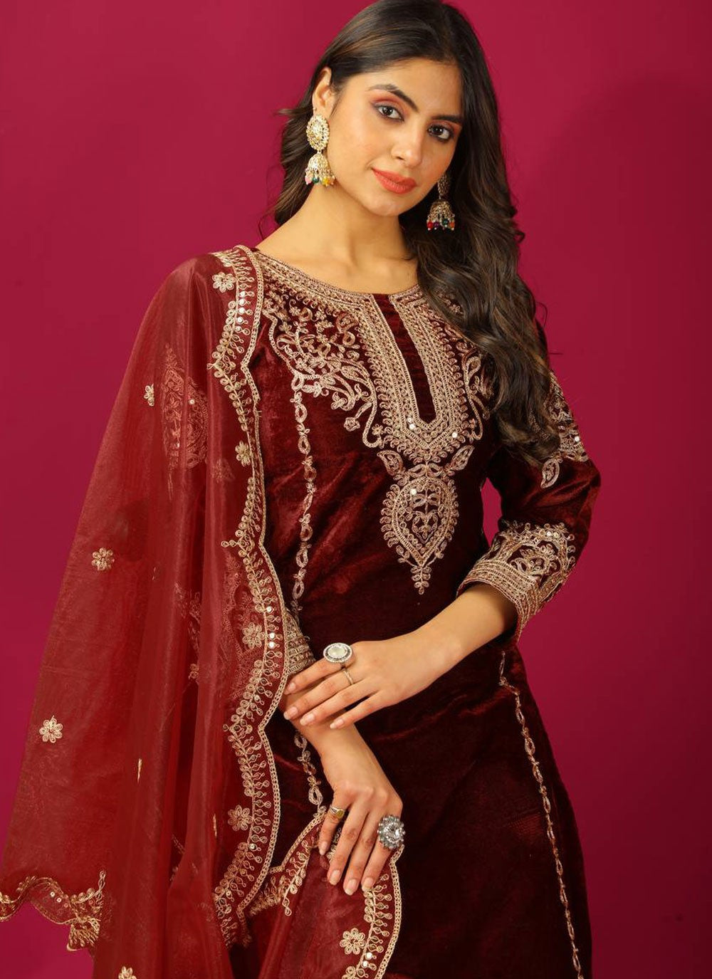 Embroidered Velvet Maroon Salwar Suit T5982