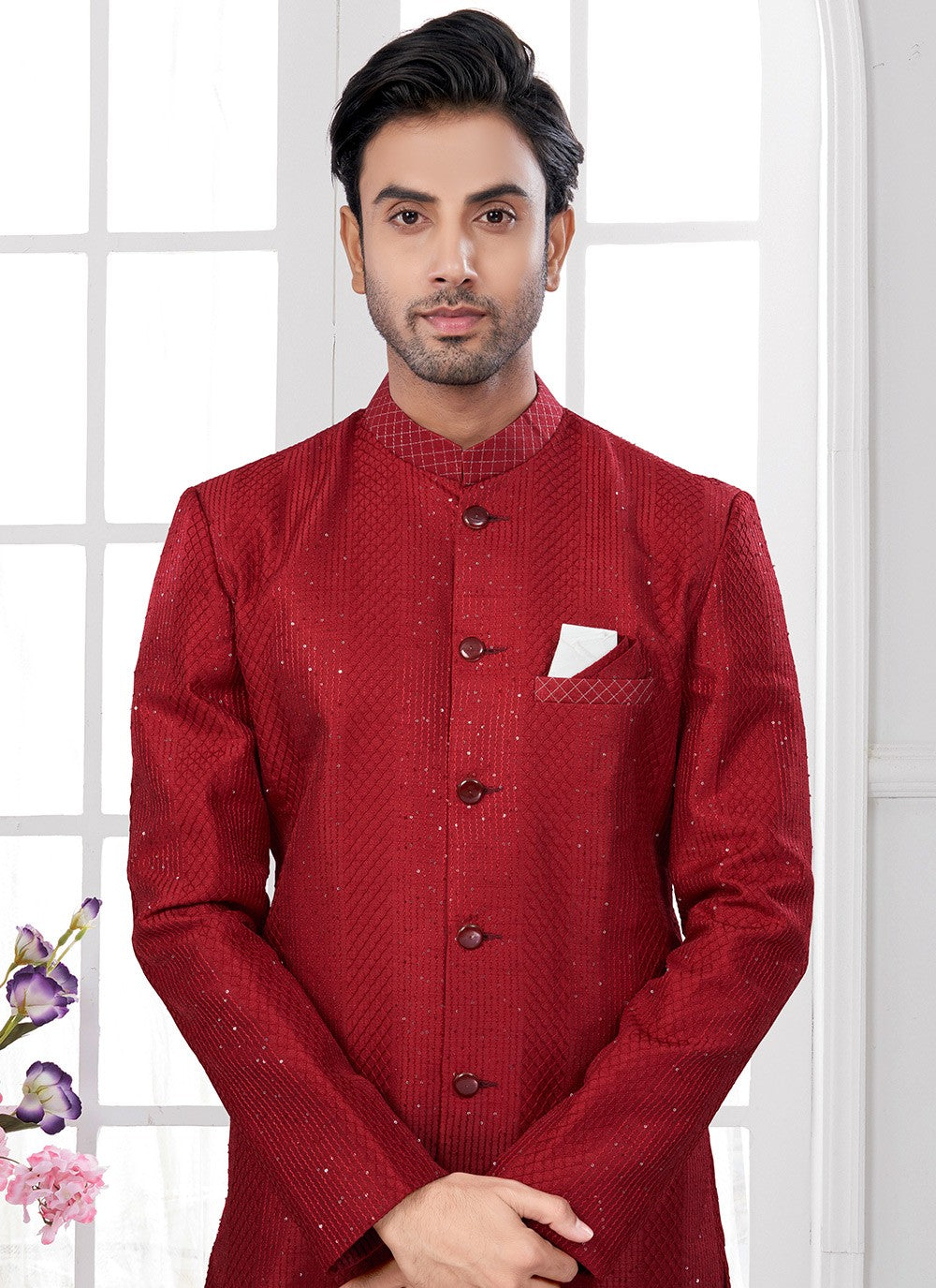 Buttons Silk Maroon Indo Western - M8653