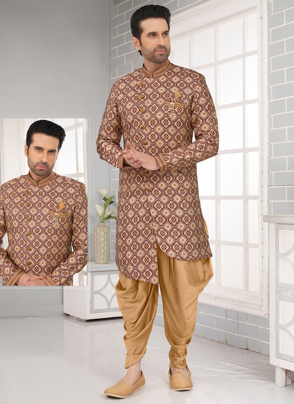Fancy Work Brocade, Jacquard Silk Maroon Indo Western - M6462