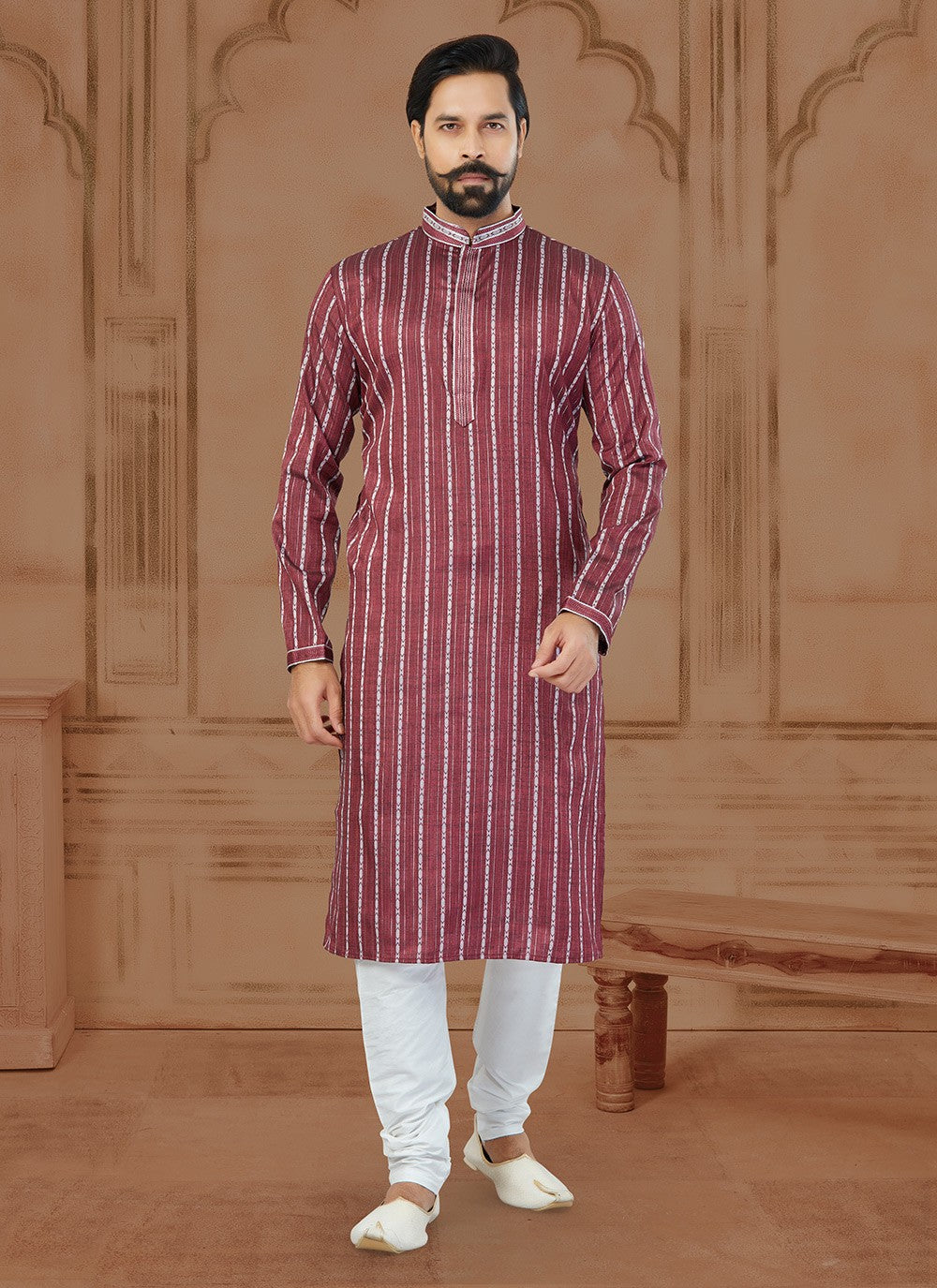 Fancy Work Soft Cotton Maroon Kurta - M5779