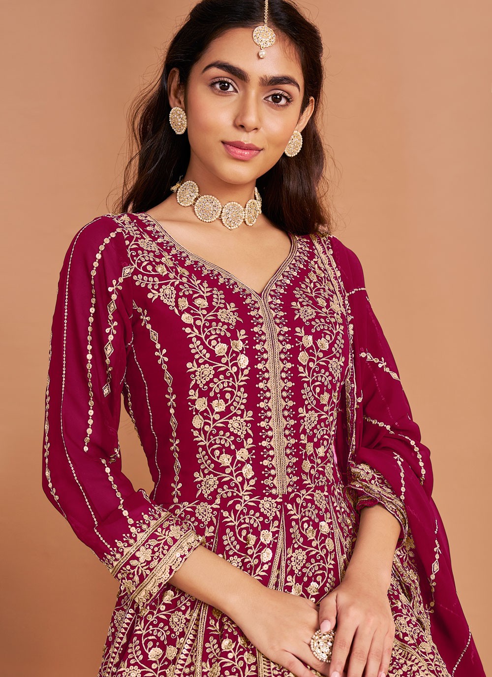 Anarkali Embroidered Maroon Faux Georgette T5311