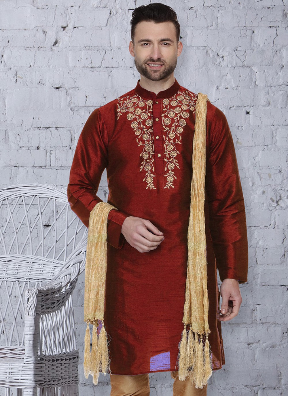 Embroidered Art Dupion Silk Maroon Kurta - M1476