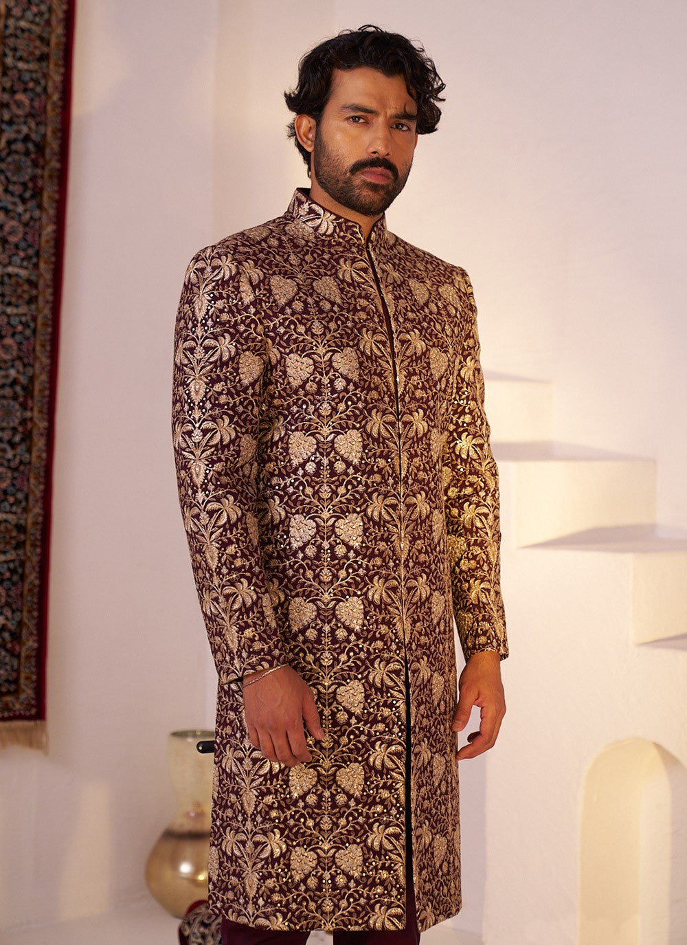 Embroidered Silk Maroon Sherwani - M8422