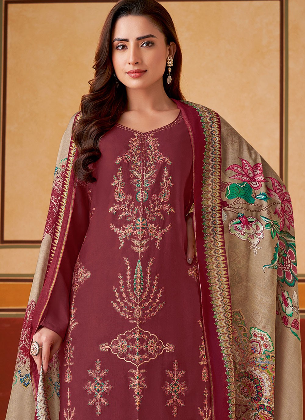 Embroidered Muslin Maroon Pant Style Suit T6309
