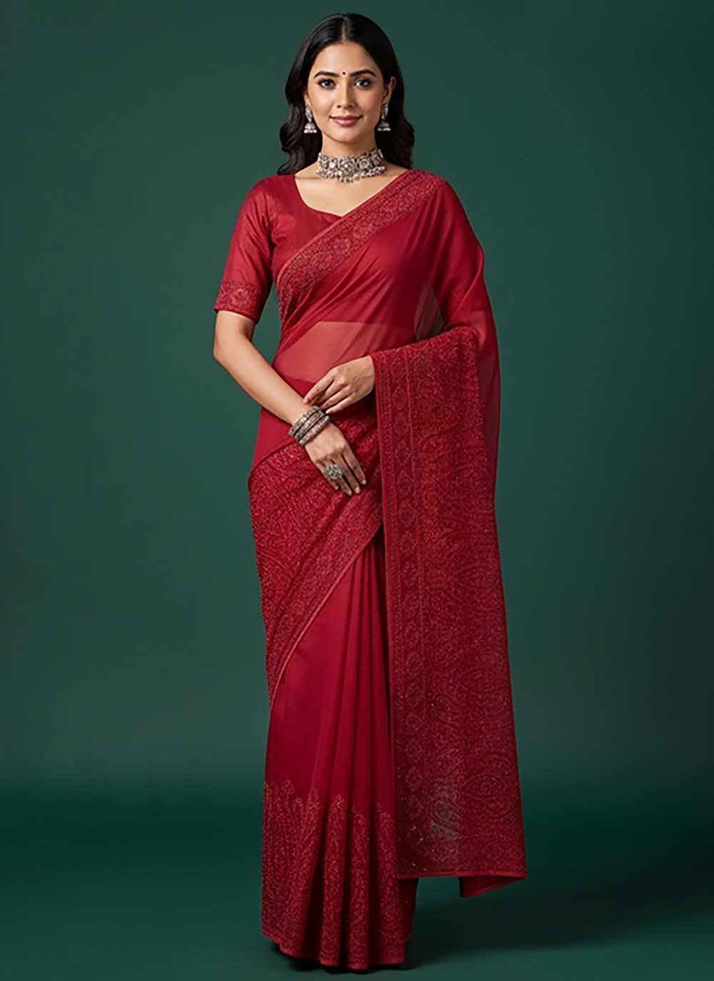 Maroon Georgette Trendy Saree Embroidered, Lucknowi Work S20247