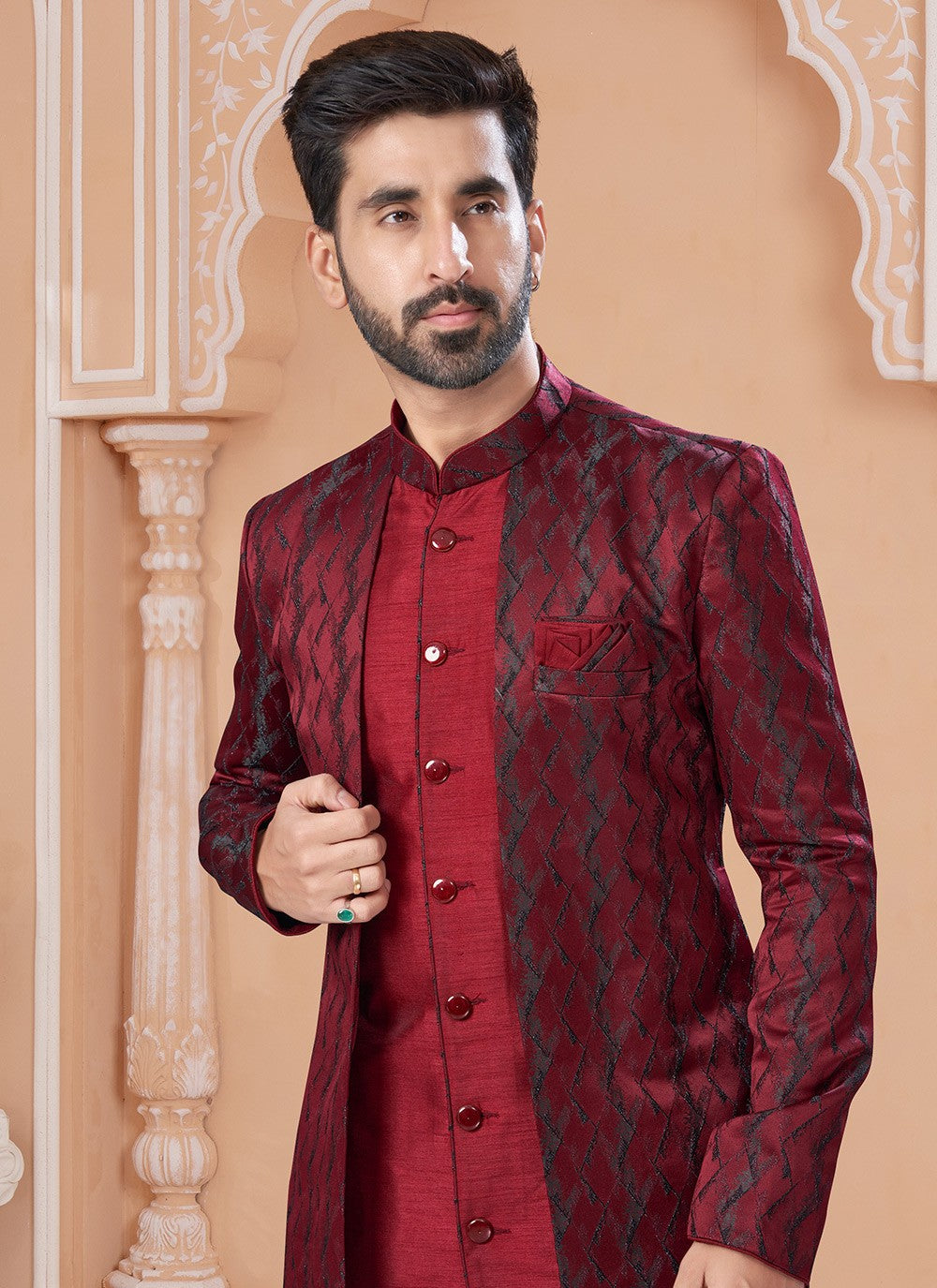 Embroidered Jacquard Maroon Indo Western Sherwani - M6888