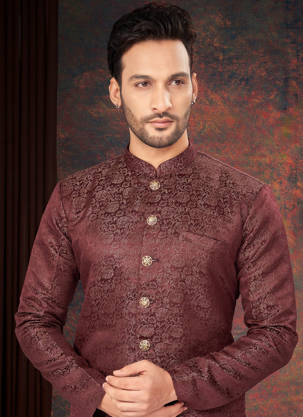 Fancy Work Jacquard Maroon Indo Western - M7194