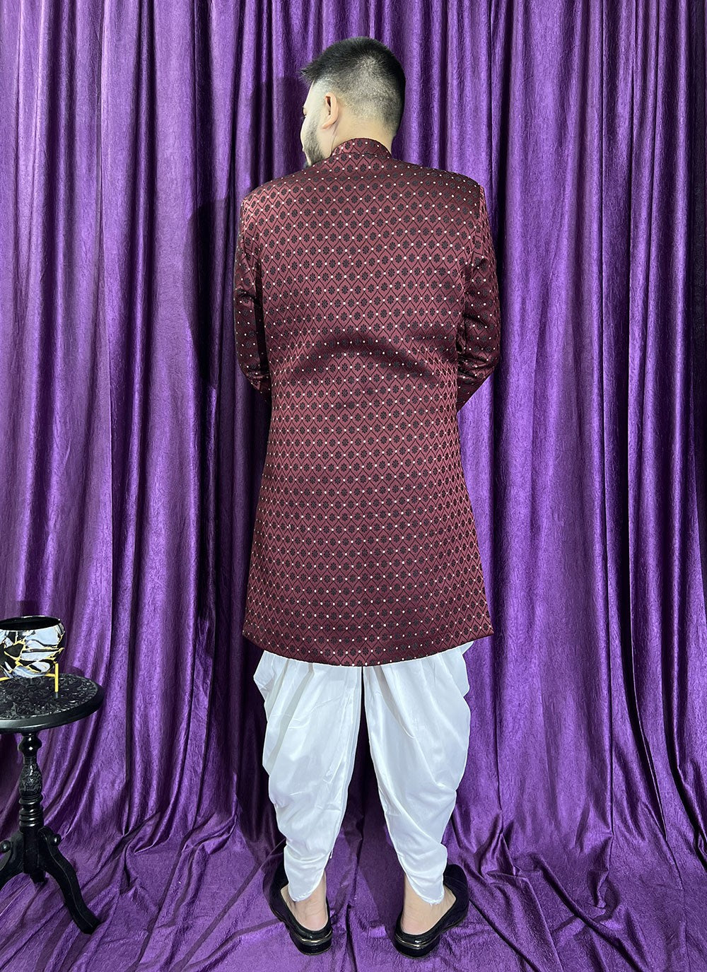 Fancy Work Jacquard Maroon Indo Western - M5702