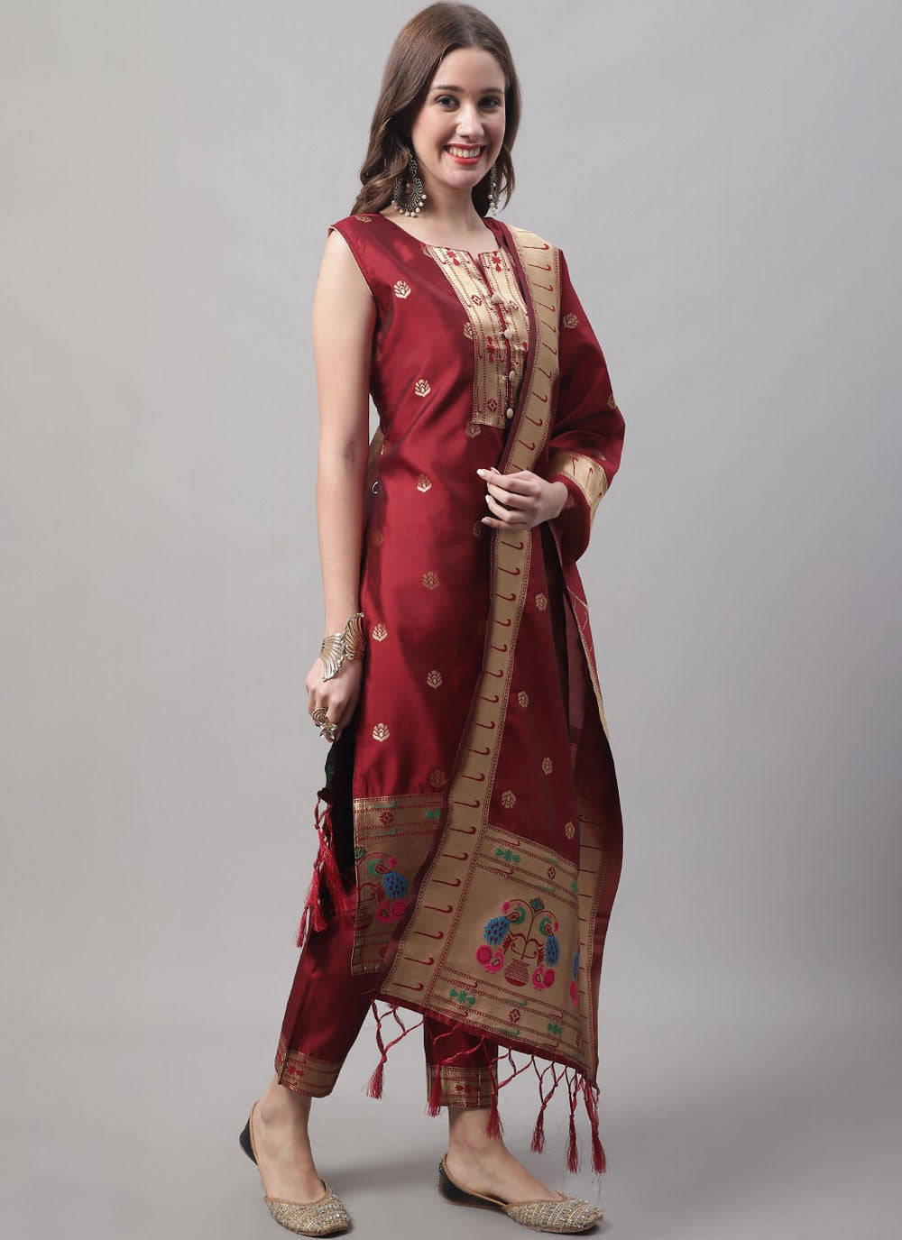 Pant Style Suit Jacquard Work Maroon T7568