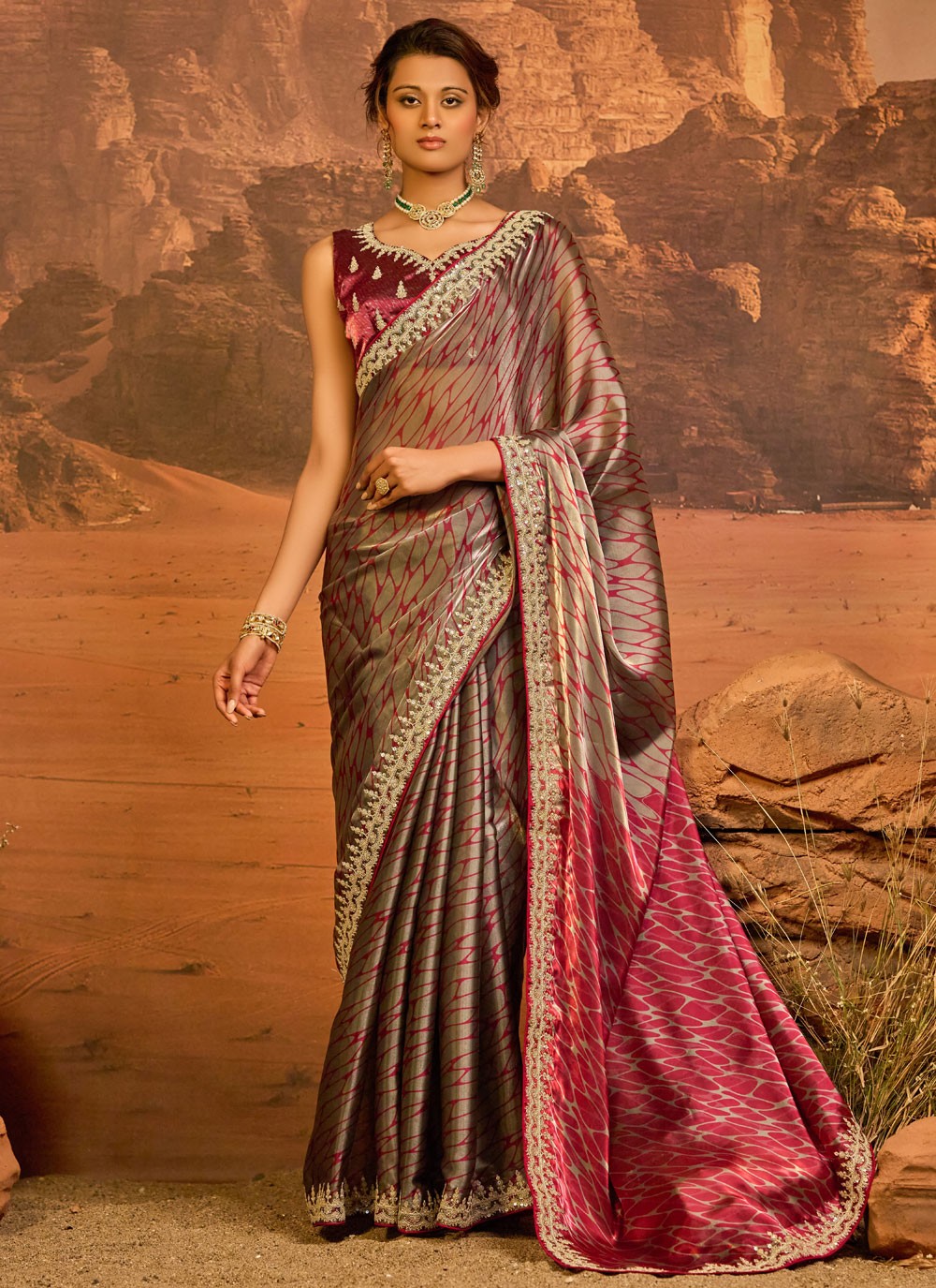 Maroon Jimmy Chu Designer Saree Border Work, Embroidered, Zari S18504