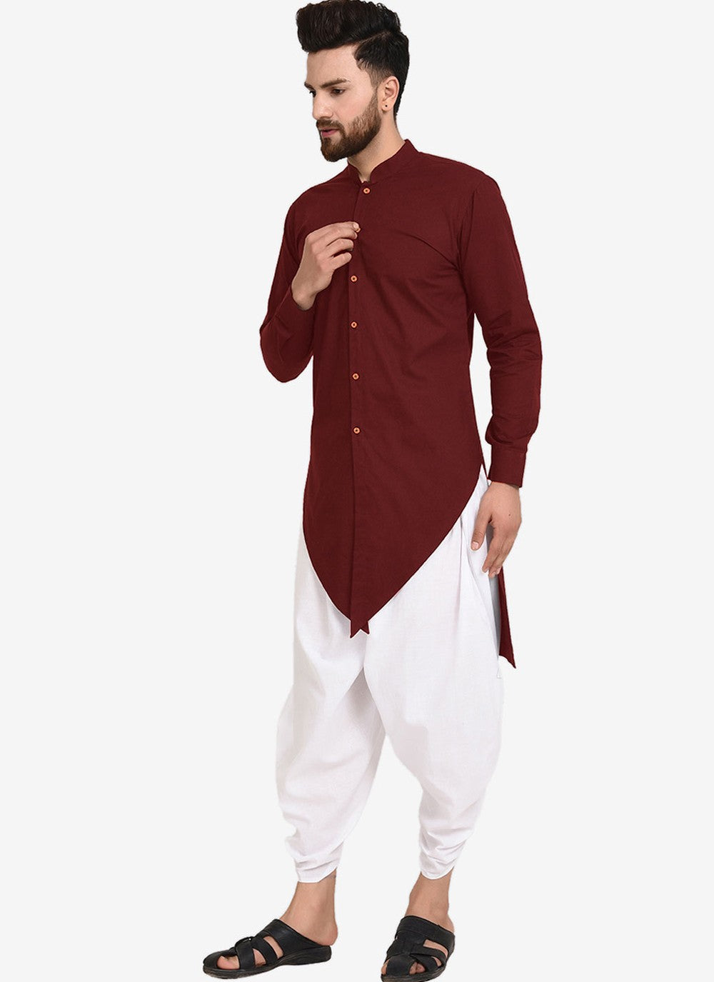 Plain Blended Cotton Maroon Dhoti Kurta - M4466