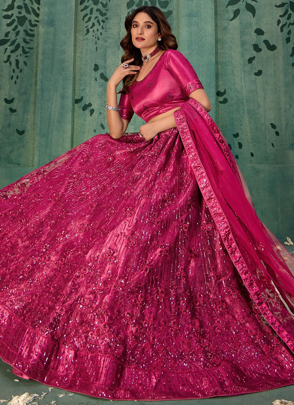 Embroidered Net Maroon Lehenga - L3290
