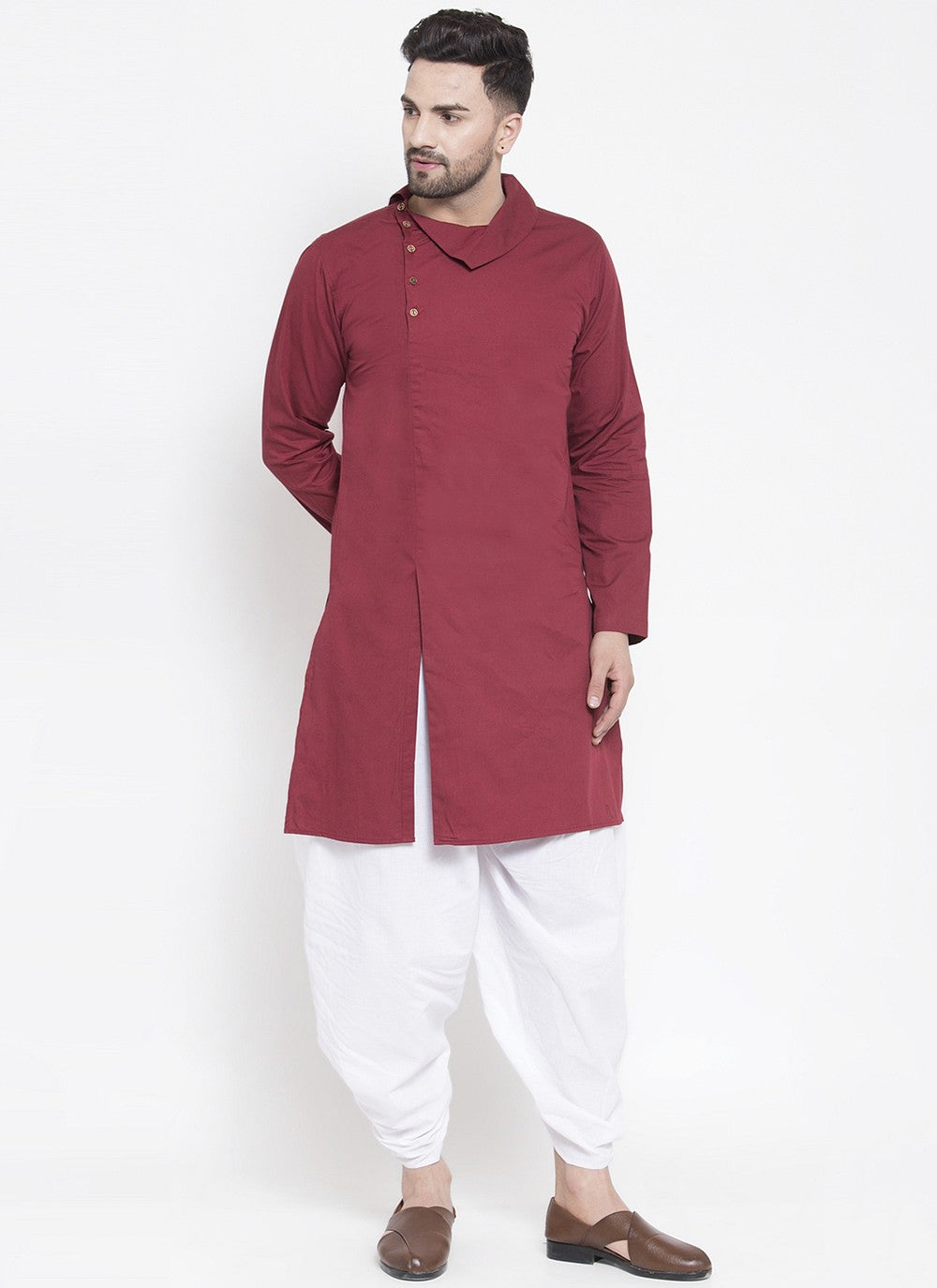 Plain Blended Cotton Maroon Dhoti Kurta - M6177