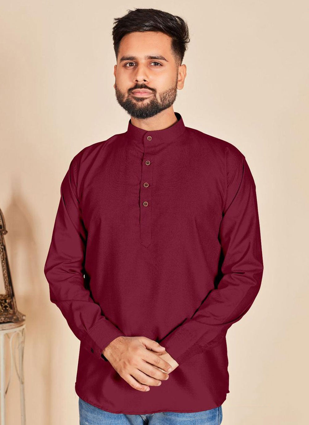Plain Cotton Maroon Short Kurta - M6785
