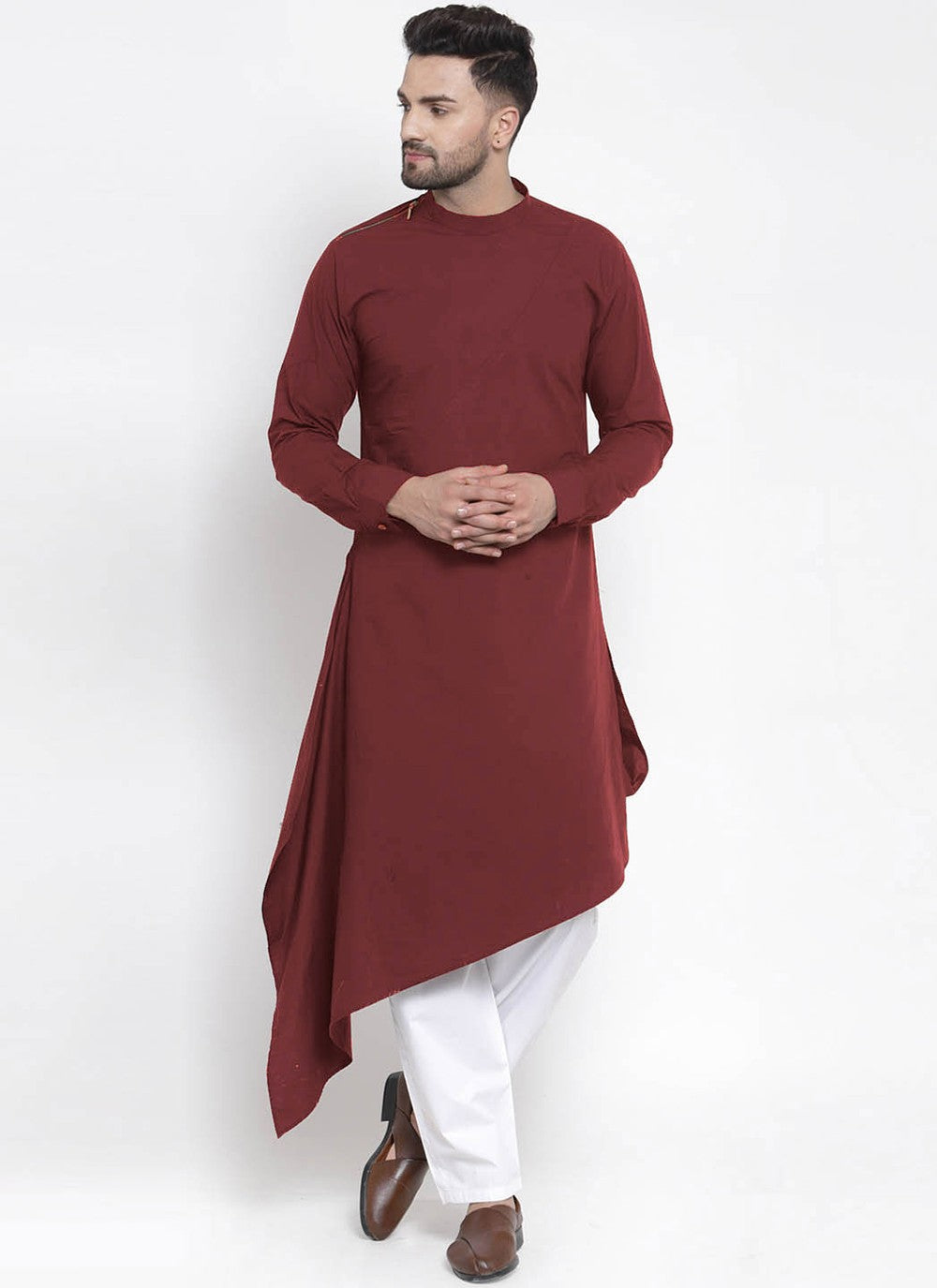 Plain Blended Cotton Maroon Kurta - M4563
