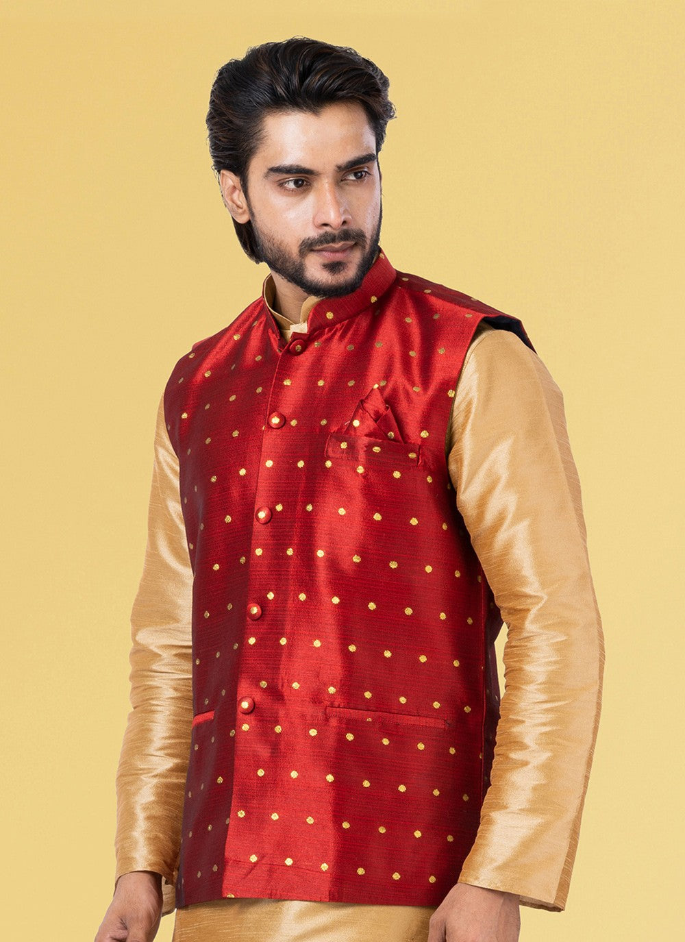 Jacquard Work Silk Maroon Nehru Jackets - M7432