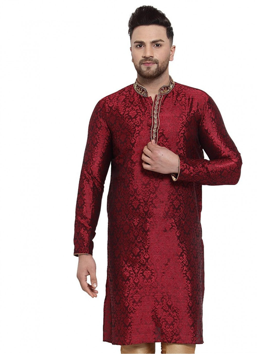 Embroidered Banarasi Silk Maroon Kurta - M1606