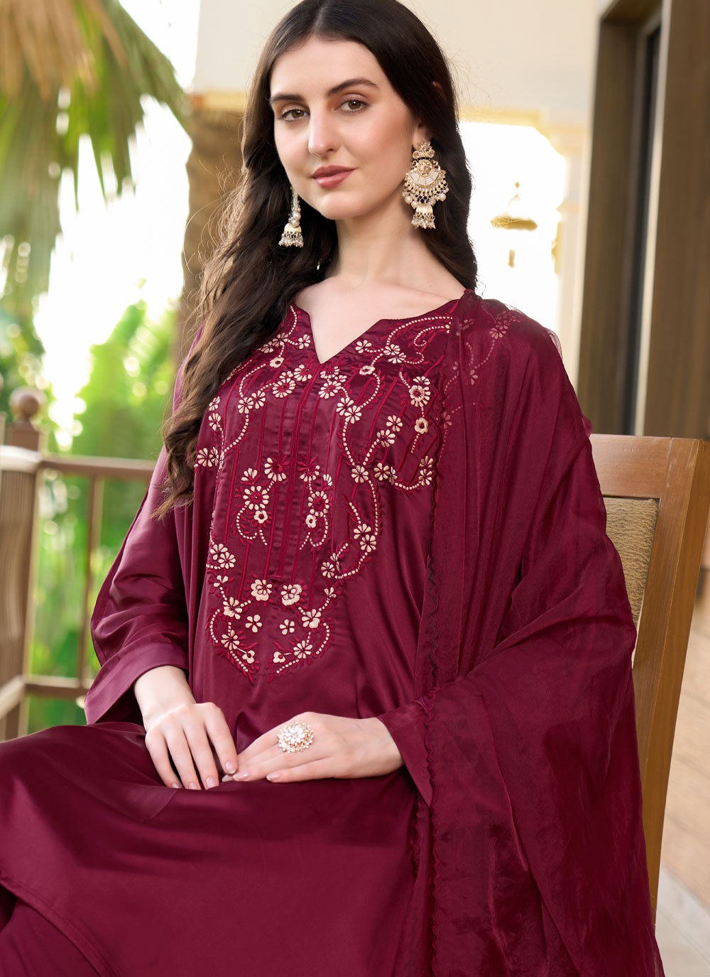 Salwar Suit Embroidered Maroon Satin T5331