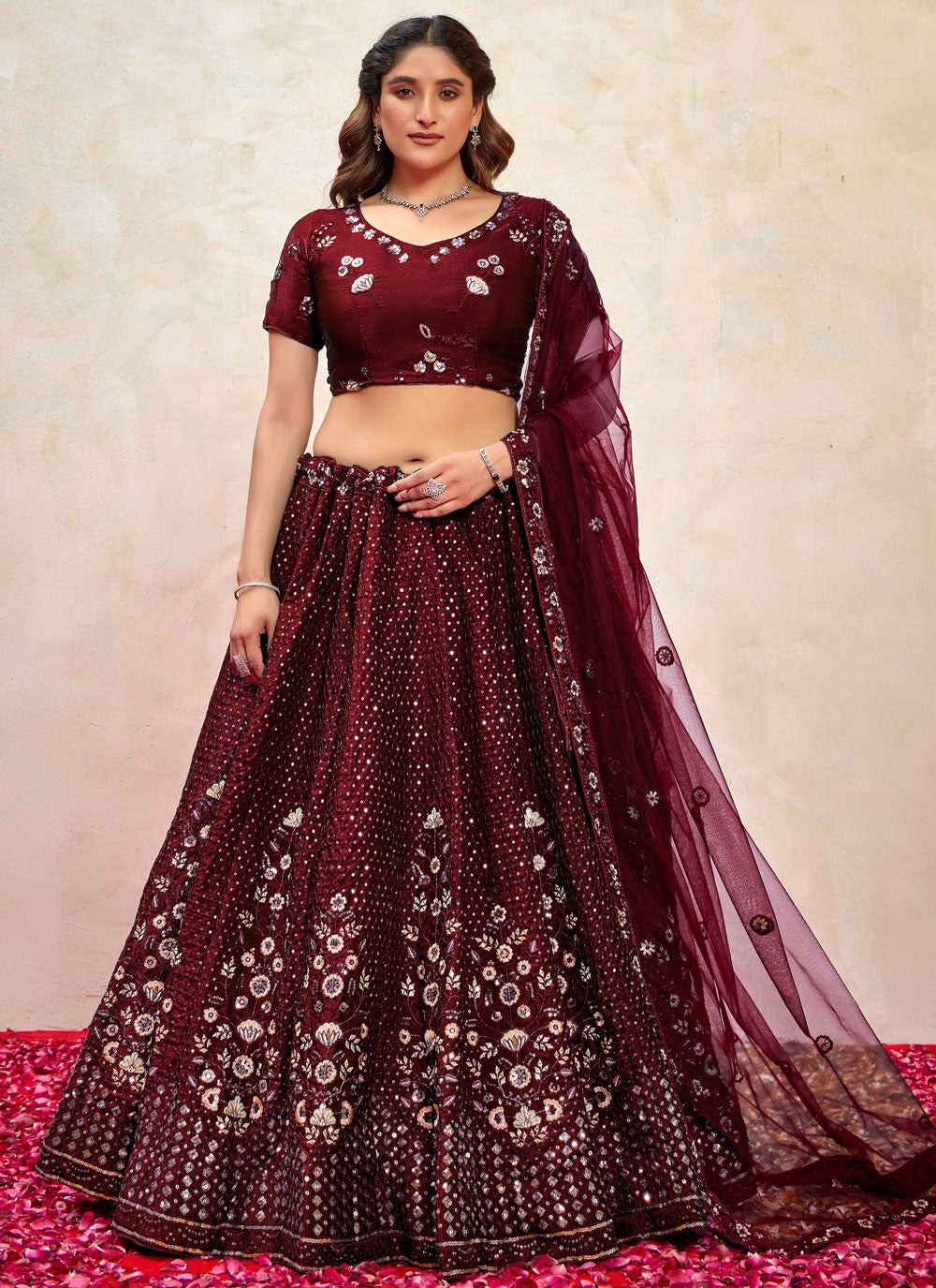 Embroidered Silk Maroon Lehenga - L3271